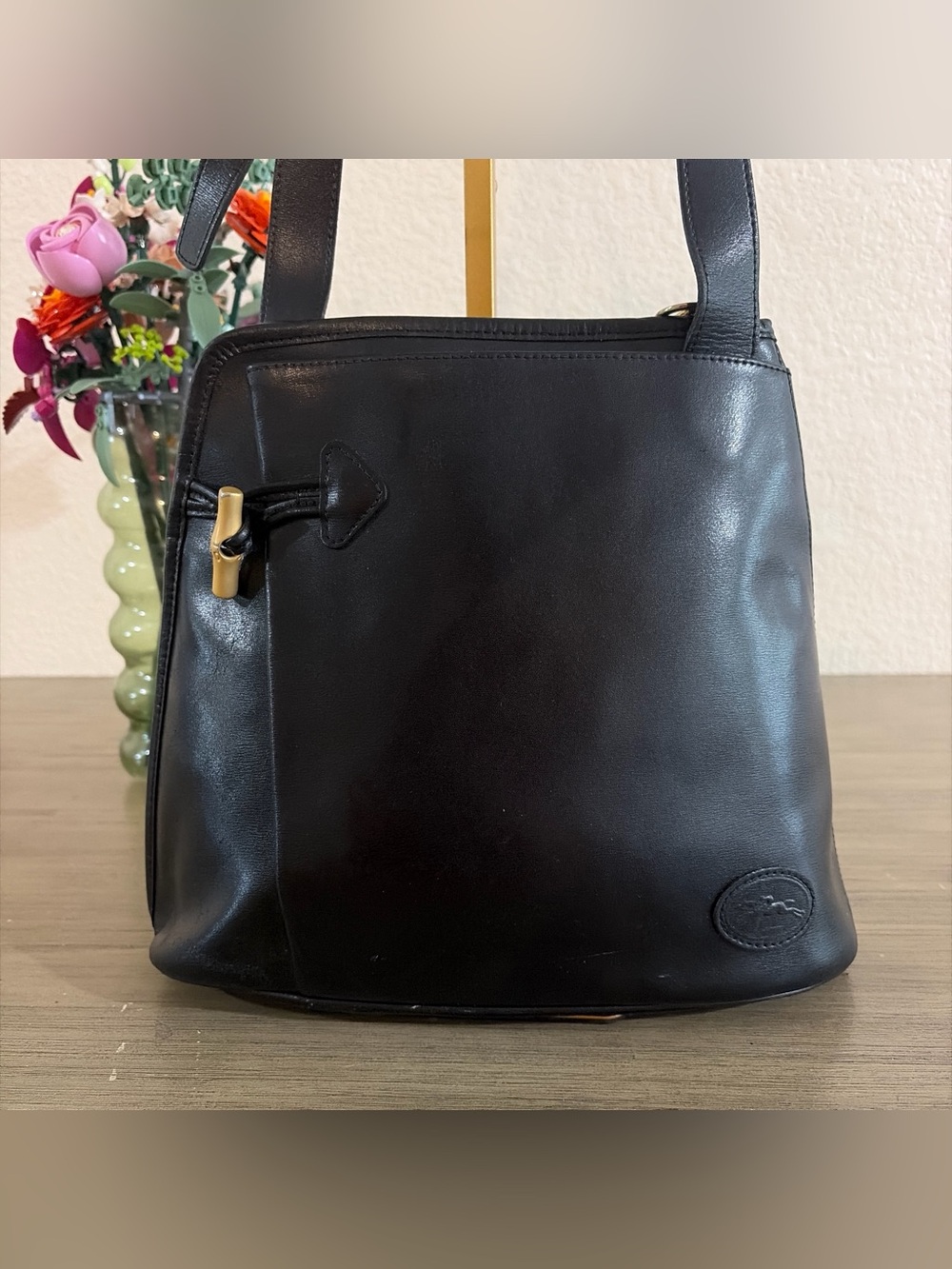 Vintage Longchamp Paris Roseau Leather Bucket Shoulder Bag Made in France Black